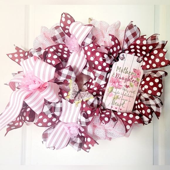 Hand Crafted Other - Mother Daughter Wreath Deco Mesh Bow Butterflies Pink Burgundy